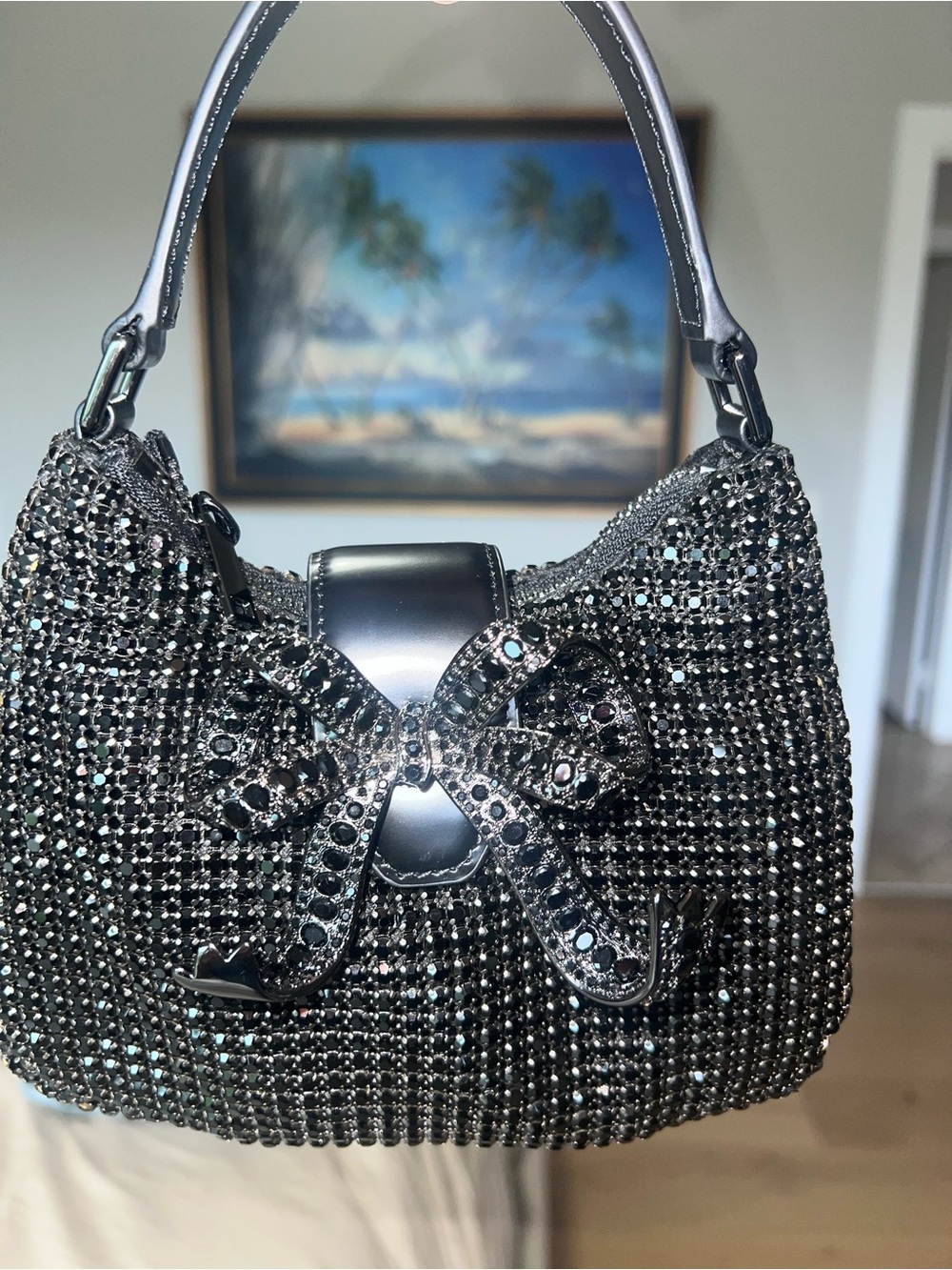Self-Portrait Crystal-Embellished Black Bow purse